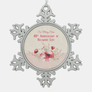 Personalise, 40th Anniversary Nun, Pink and Snowflake Pewter Christmas Ornament