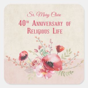 Personalise, 40th Anniversary Nun, Pink and Square Sticker