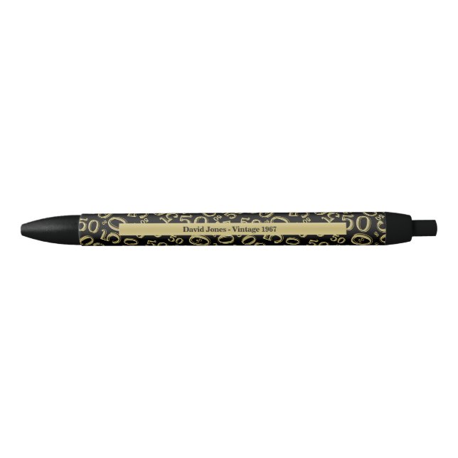 Personalise 50th Gold/Black Birthday Favour Gift Black Ink Pen (Front)