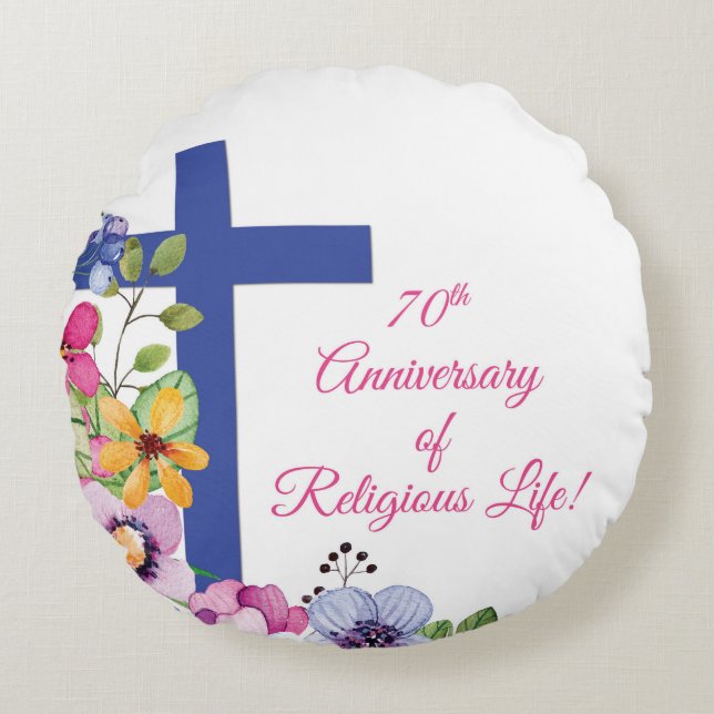 Personalise, 70th Anniversary Nun Religious Life Round Cushion (Front)