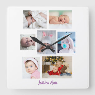 Personalise 7 Baby Photos & Name, White Square Wall Clock