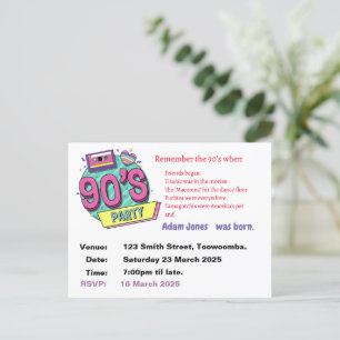 Personalise 90s retro party invitation postcard