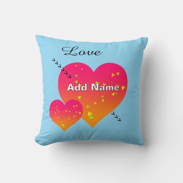  Personalise Add Name HEARTS Blue Throw Pillow (Front)