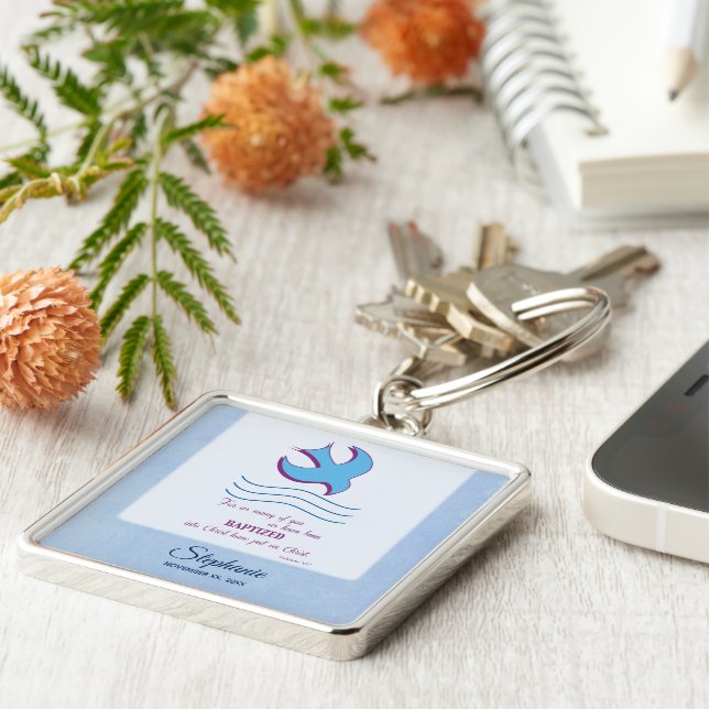 Personalise, Adult Baptism Dove on Blue Key Ring (Side)