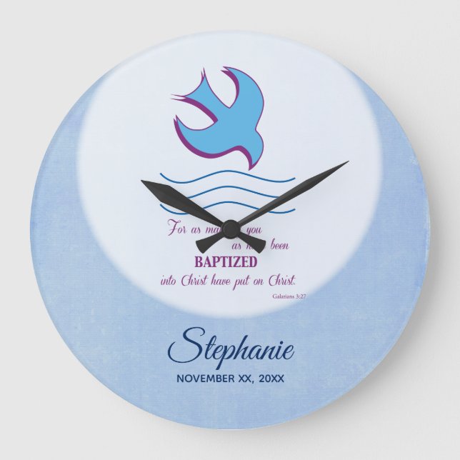 Personalise, Adult Baptism Dove on Blue Large Clock (Front)
