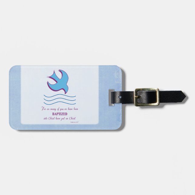 Personalise, Adult Baptism Dove on Blue Luggage Tag (Front Horizontal)