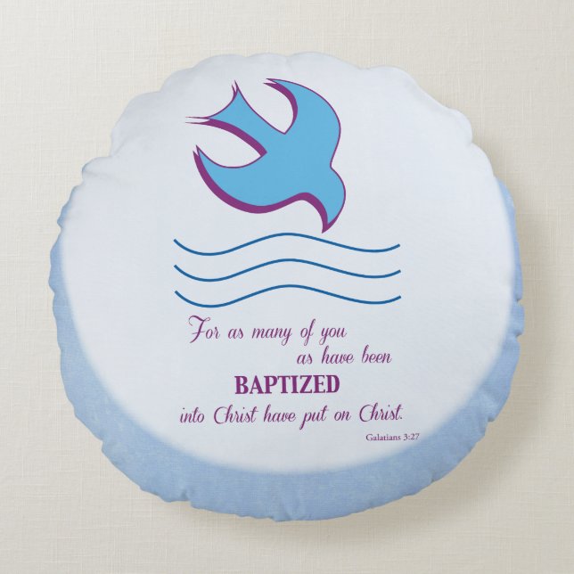 Personalise, Adult Baptism Dove on Blue Round Cushion (Front)