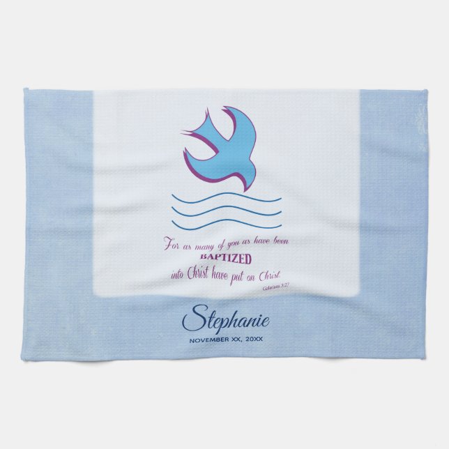 Personalise, Adult Baptism Dove on Blue Tea Towel (Horizontal)