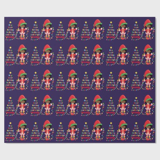Personalise African American Girl Elf Wrapping Paper (Flat)