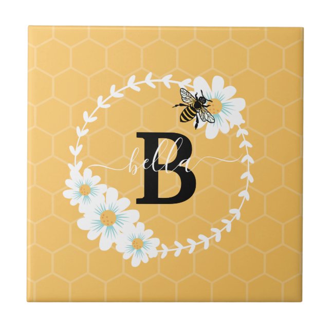 Personalise Alphabets Letters flowers and bee  Ceramic Tile (Front)