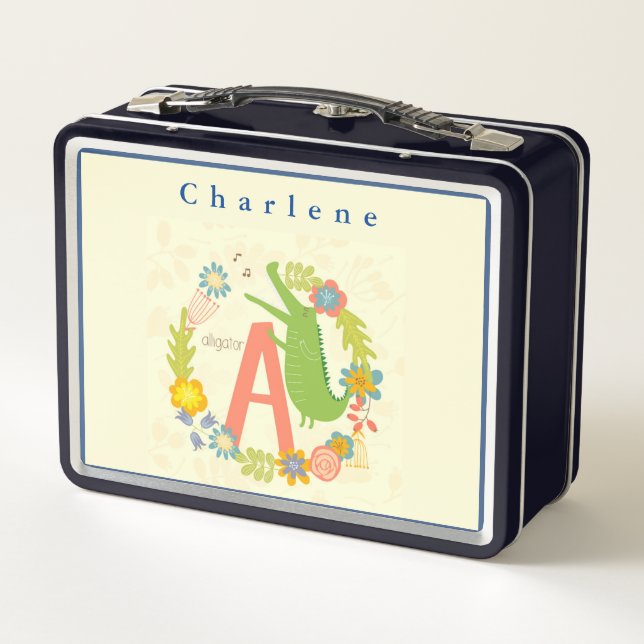 Personalise Animal Alphabet Series Alligator      Metal Lunch Box (Back)