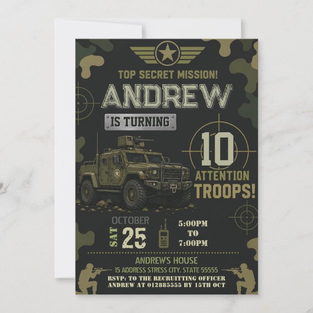 Personalise Army Birthday party Invitation (Front)