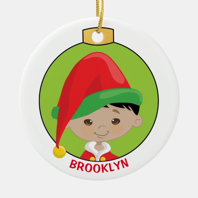 Personalise Asian Boy Elf Ceramic Ornament (Front)