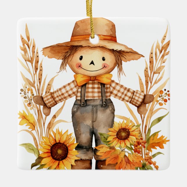 Personalise Autumn Wishes Scarecrow And Sunflower Ceramic Ornament (Front)