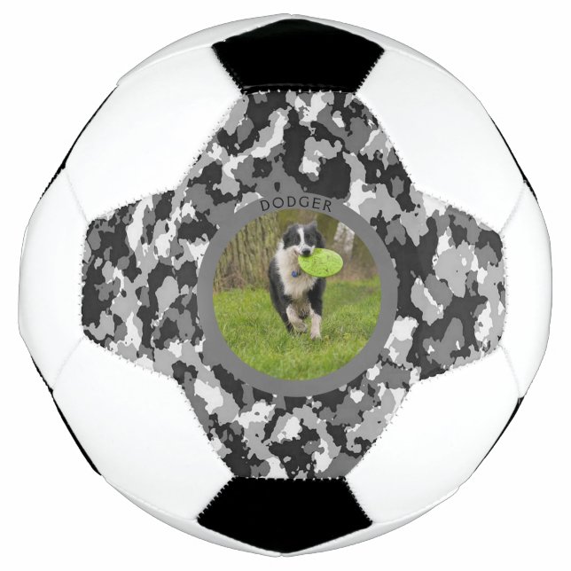 Personalise B & W Camo Dog Name Picture Play Soccer Ball (Front)