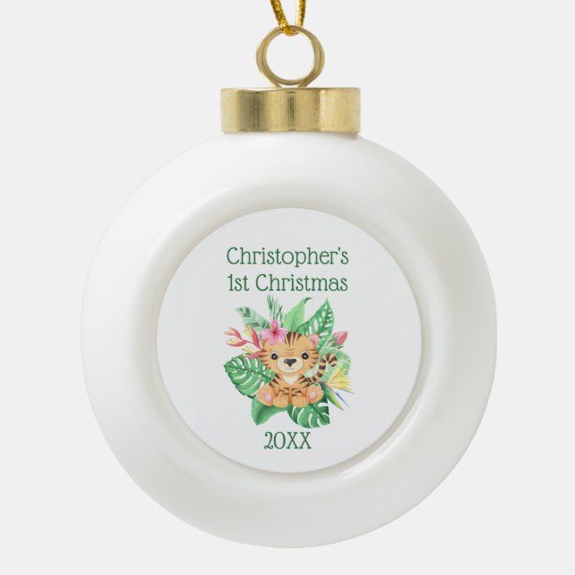 Personalise Babies First Christmas Baby Tiger Ceramic Ball Christmas Ornament (Front)