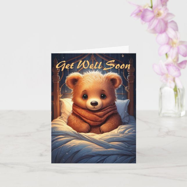 Personalise Baby Bear Sick in Bed Get Well Soon Card (Orchid)