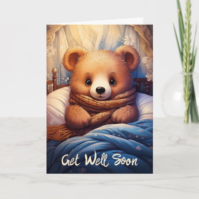 Personalise Baby Bear Sick in Bed Get Well Soon Card (Front)