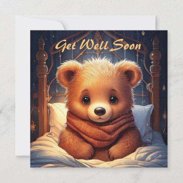 Personalise Baby Bear Sick in Bed Get Well Soon Card (Front)