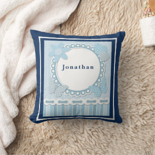 Personalise Baby Boy Blue Butterflies Flower Heart Cushion