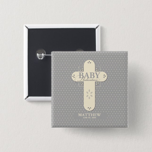 Personalise, Baby Dedication Cream & Grey Cross 15 Cm Square Badge (Front & Back)