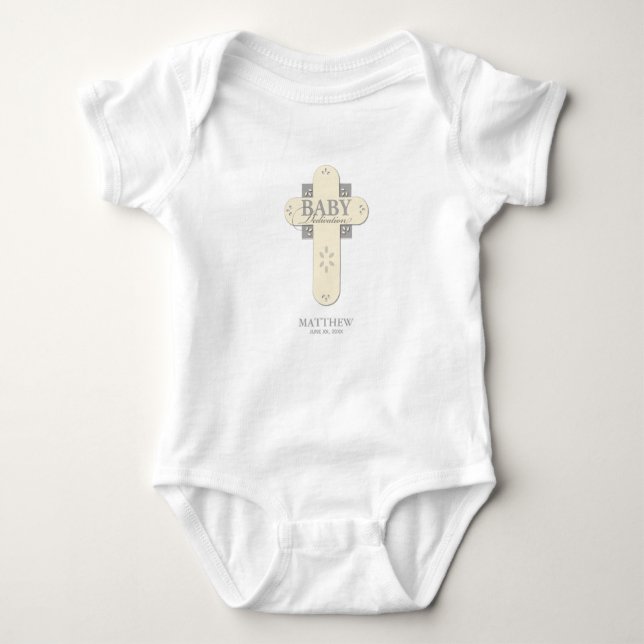 Personalise, Baby Dedication Cream & Grey Cross Baby Bodysuit (Front)
