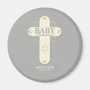 Personalise, Baby Dedication Cream & Grey Cross Magnet