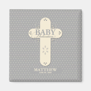Personalise, Baby Dedication Cream & Grey Cross Magnet