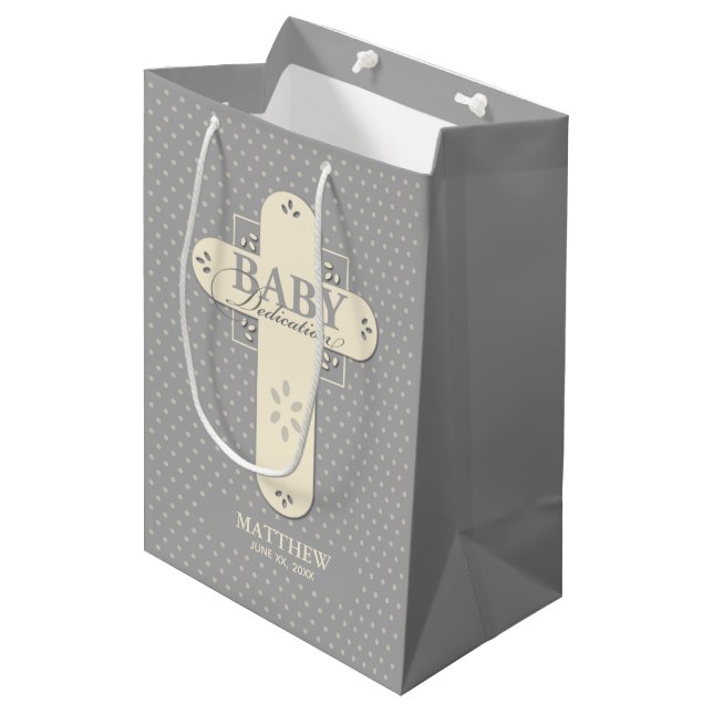 Personalise, Baby Dedication Cream & Grey Cross Medium Gift Bag (Front Angled)