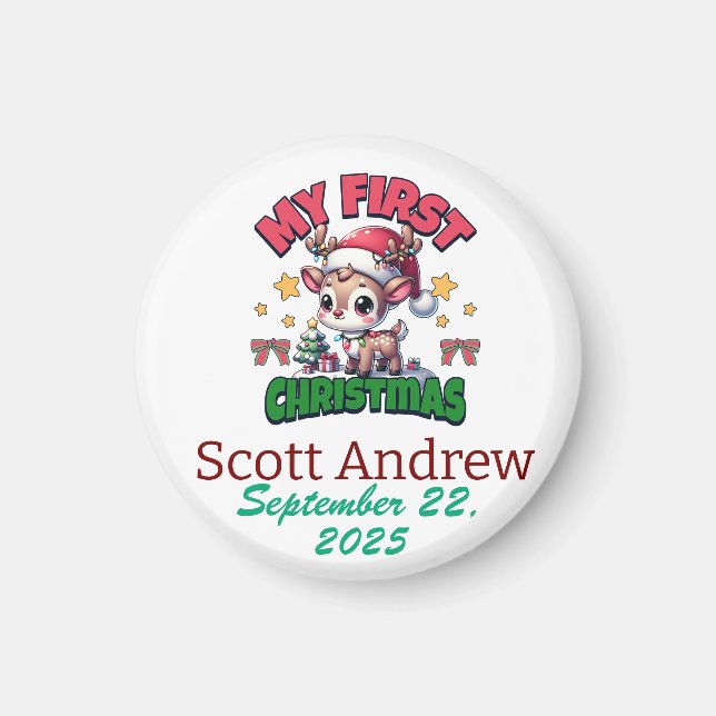 Personalise  Baby First Christmas Brown Santa Deer Magnet (Front)