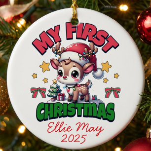 Personalise Baby First Christmas Brown Santa Deer Ornament