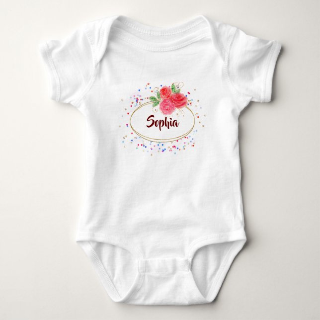 Personalise Baby girl Bodysuits, glitter rose name Bodysuit (Front)