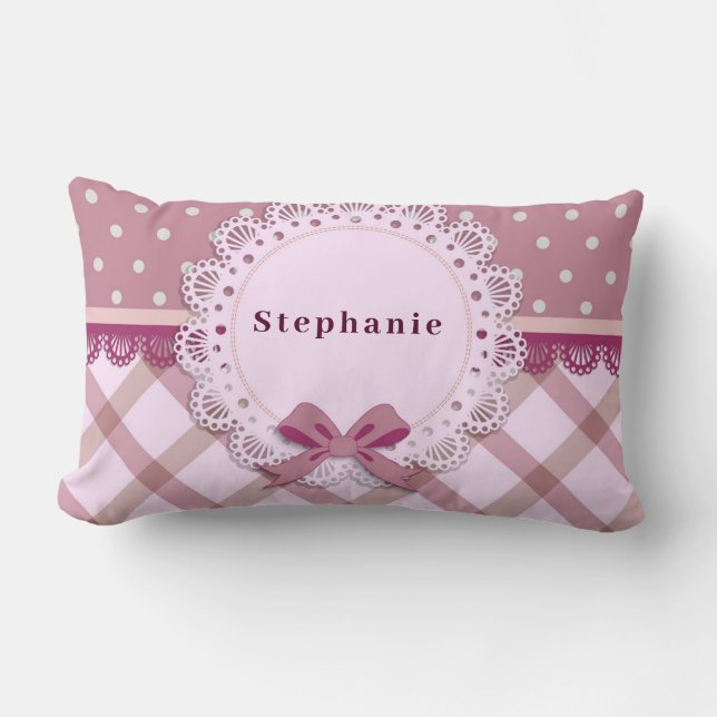 Personalise Baby Girl Pink Plaid Polka Dot  Lumbar Cushion (Front)