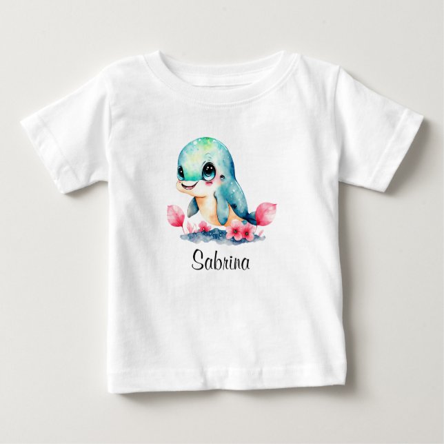 Personalise Baby Kids Child Dolphin Watercolor T-Shirt (Front)
