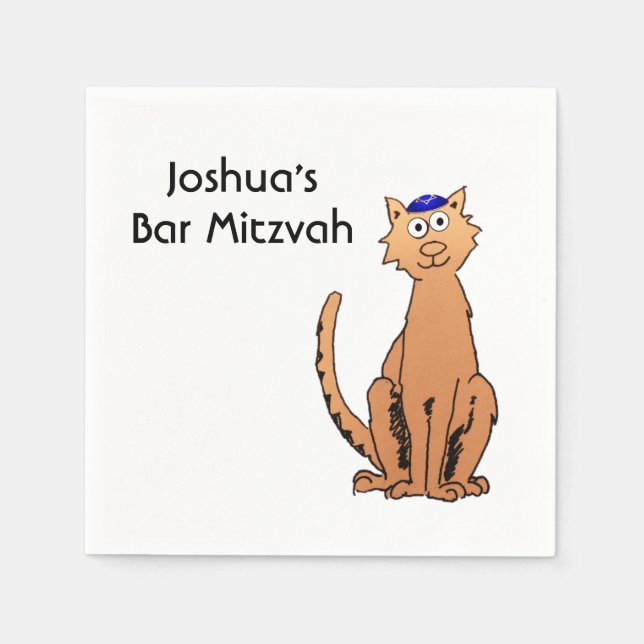 Personalise Bar Mitzvah Kippah Cat Party Napkin (Front)