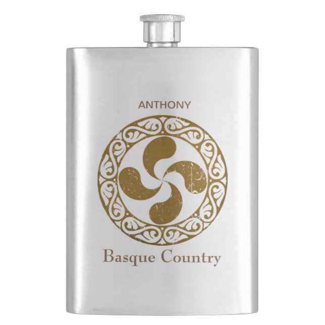 Personalise, Basque distressed bronze Lauburu, Hip Flask (Front)