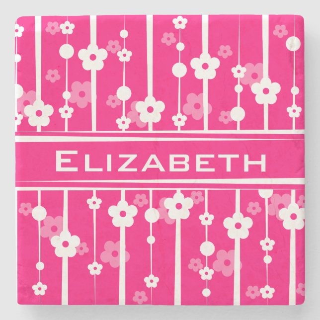 Personalise Beautiful Pink Flowers Lines Monogram Stone Coaster (Front)