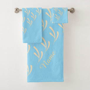 Personalise Beige Leaf Repeat Baby Blue Bath Towel Set