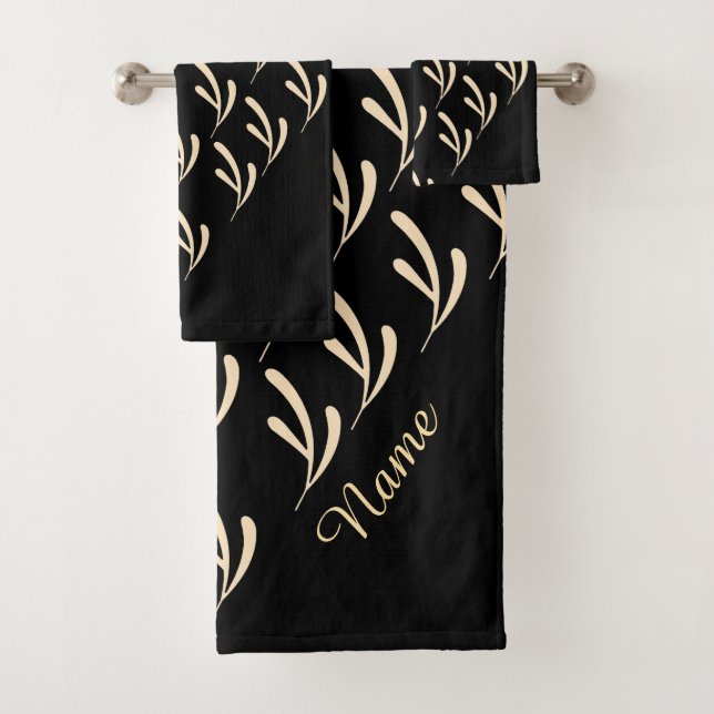 Personalise Beige Leaf Repeat Black    Bath Towel Set (Insitu)