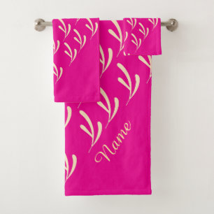 Personalise Beige Leaf Repeat Hot Pink   Bath Towel Set