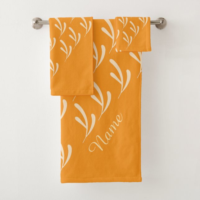 Personalise Beige Leaf Repeat Orange   Bath Towel Set (Insitu)