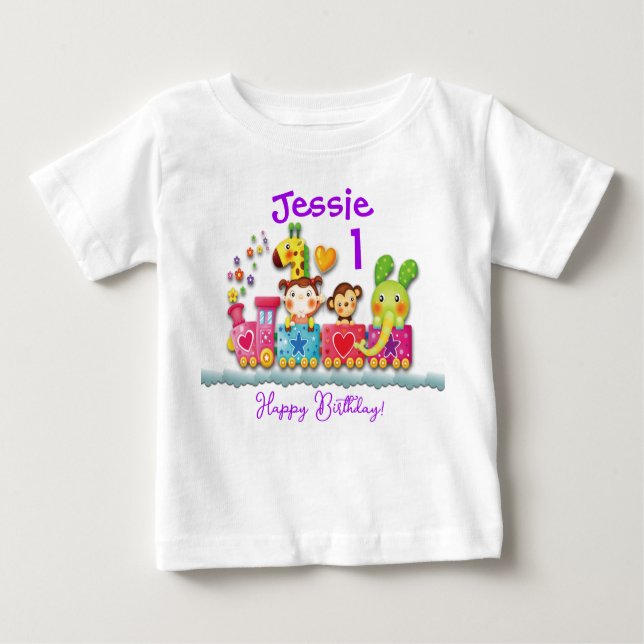 Personalise Birthday Animal Train Young Child  Baby T-Shirt (Front)