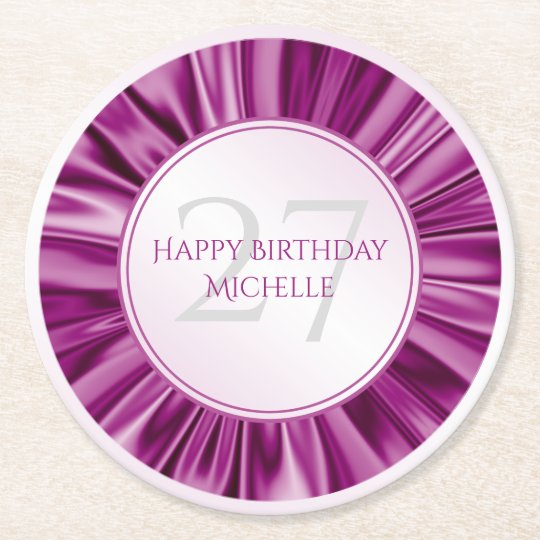 Personalise Birthday Faux Orchid Satin Round Round Paper Coaster