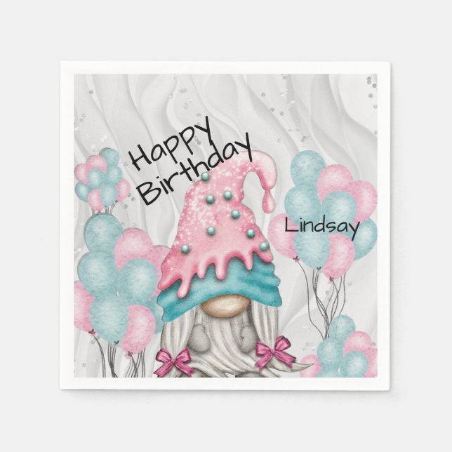 Personalise Birthday Gnome Girl Ballons  Napkin (Front)