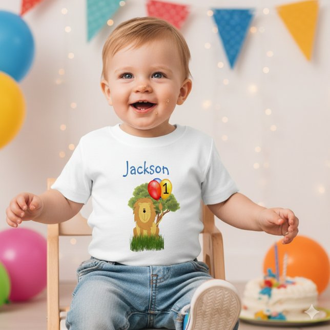 Personalise Birthday Lion Boy  Baby T-Shirt (Celebrating the first birthday of a happy baby boy. P personalize the t-shirt with his name and age)