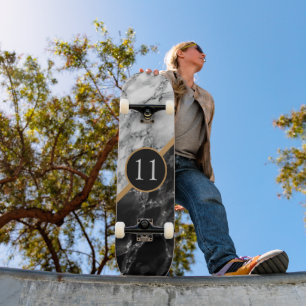 Personalise Birthday Skateboard Black White Marble