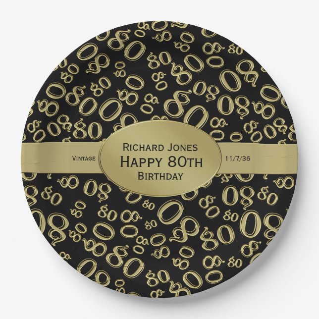 Personalise:  Black and Gold 80th Birthday Theme Paper Plate (Front)