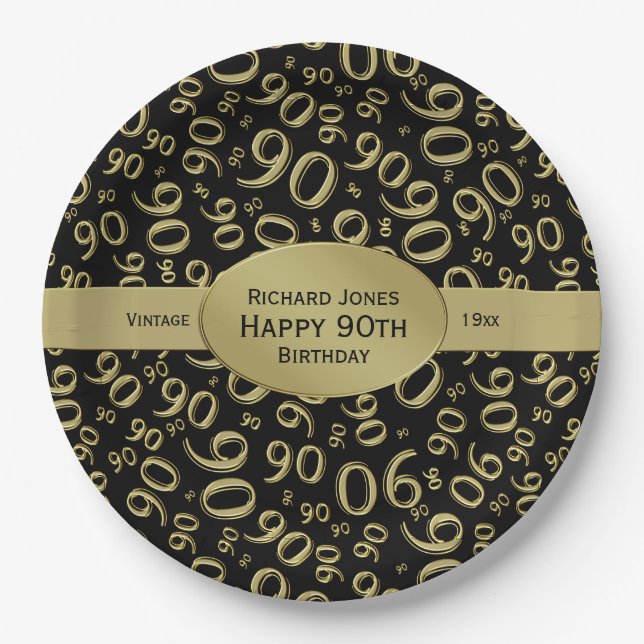 Personalise:  Black and Gold 90th Birthday Theme Paper Plate (Front)