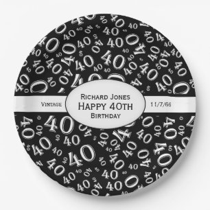 Personalise:  Black and White 40th Birthday Theme Paper Plate