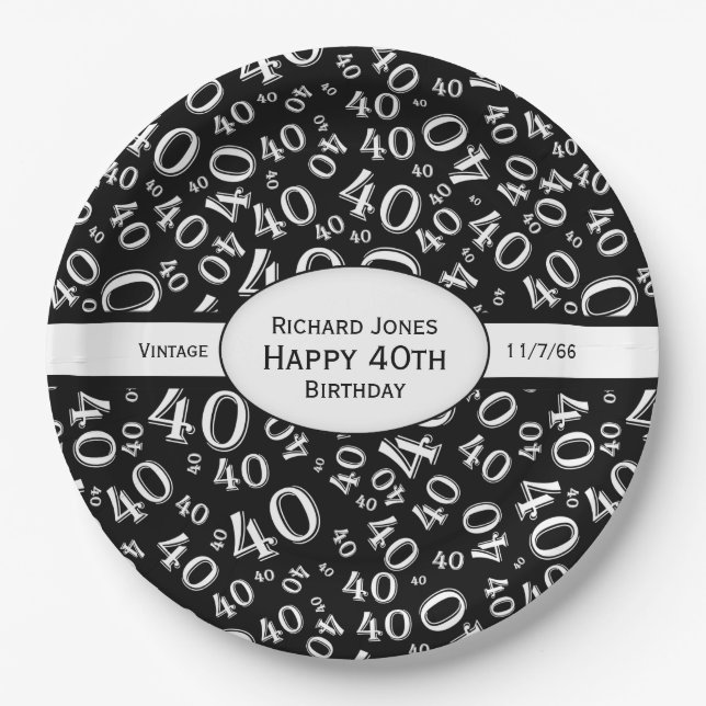 Personalise:  Black and White 40th Birthday Theme Paper Plate (Front)